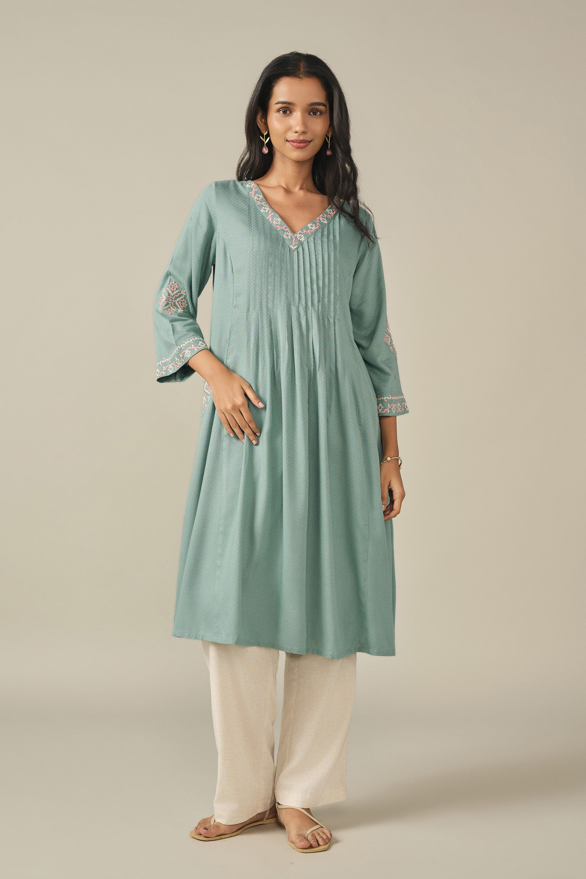 A-Line Embroidered Kurta in Teal